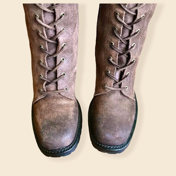 Frye Vintage Lace Up Knee-High Suede Brown Leather Block Heel Equestrian Boots - Picture 9 of 16